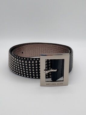 Michael Kors Black Studded Wide Belt Silver Square Logo Buckle Size Small 36.5"